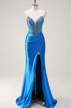Sereia Azul Strapless Corespartilho Vestido de Baile com Fenda