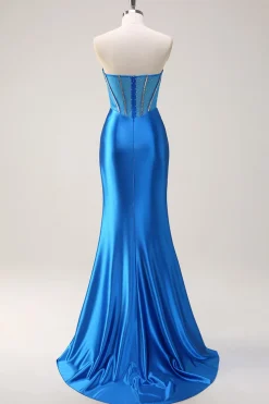 Sereia Azul Strapless Corespartilho Vestido de Baile com Fenda