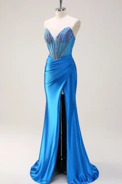 Sereia Azul Strapless Corespartilho Vestido de Baile com Fenda