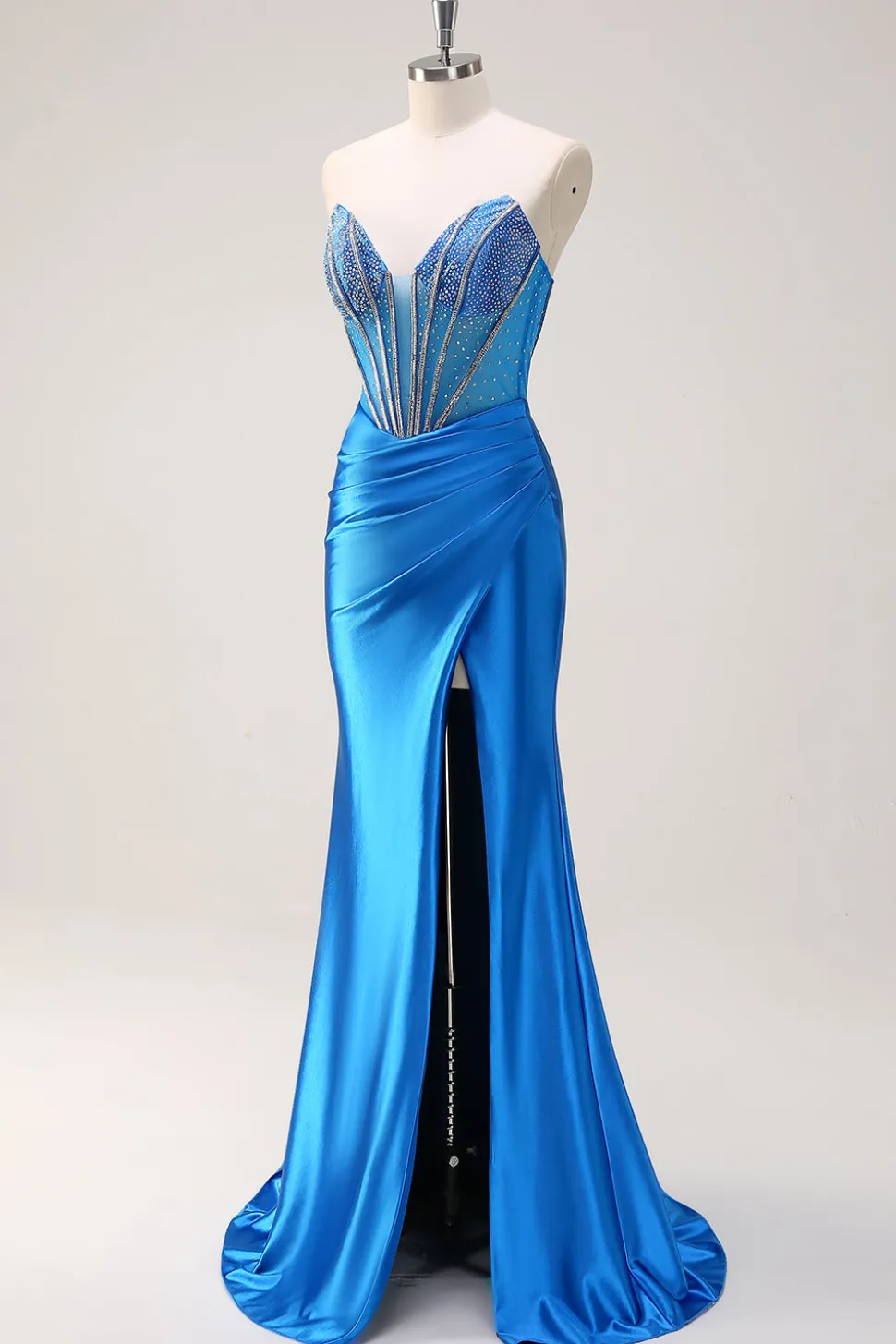 Sereia Azul Strapless Corespartilho Vestido de Baile com Fenda