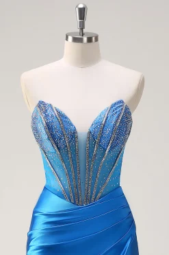 Sereia Azul Strapless Corespartilho Vestido de Baile com Fenda