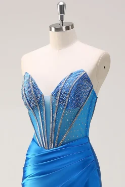 Sereia Azul Strapless Corespartilho Vestido de Baile com Fenda