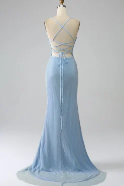 Sereia Azul Vestido Longo Baile com Fenda