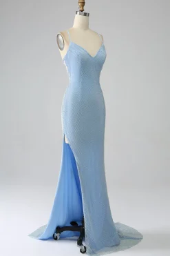 Sereia Azul Vestido Longo Baile com Fenda