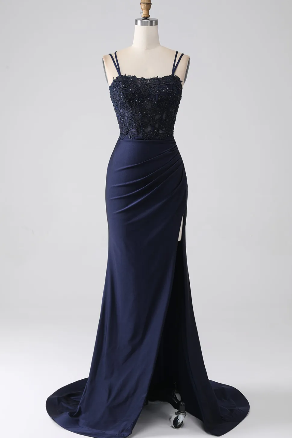 Sereia Beaded Navy Prom Dress com Folhos