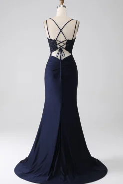 Sereia Beaded Navy Prom Dress com Folhos