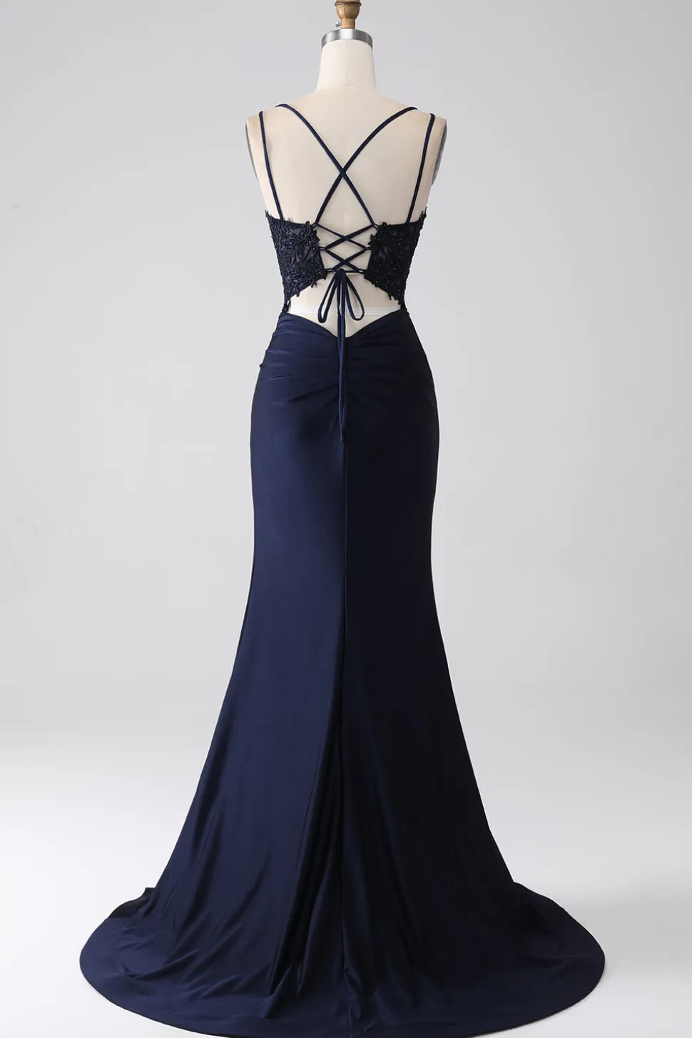 Sereia Beaded Navy Prom Dress com Folhos