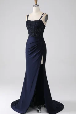 Sereia Beaded Navy Prom Dress com Folhos