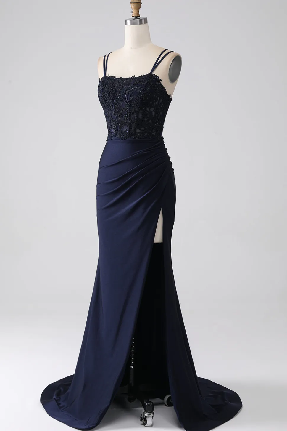 Sereia Beaded Navy Prom Dress com Folhos