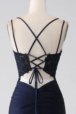 Sereia Beaded Navy Prom Dress com Folhos