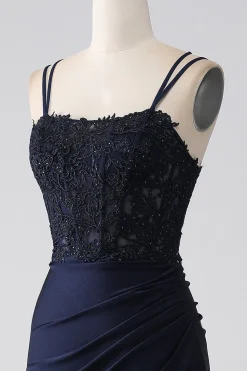 Sereia Beaded Navy Prom Dress com Folhos