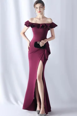 Sereia Borgonha fora do ombro longo vestido formal com babados