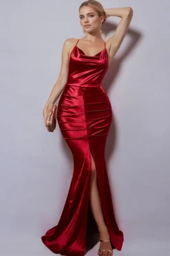 Sereia Borgonha Halter Ruched Long Formal Dress com Fenda