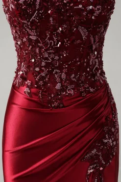 Sereia Borgonha sem alças lantejoulas longo vestido de baile com missangas