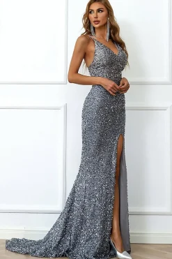 Sereia Borgonha Sequins Prom Vestido com Fenda