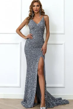 Sereia Borgonha Sequins Prom Vestido com Fenda