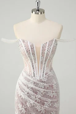 Sereia branca brilhante fora do ombro frisado espartilho de renda Ruched Prom vestido com fenda