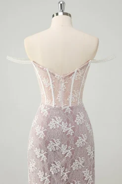 Sereia branca brilhante fora do ombro frisado espartilho de renda Ruched Prom vestido com fenda