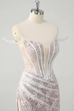 Sereia branca brilhante fora do ombro frisado espartilho de renda Ruched Prom vestido com fenda