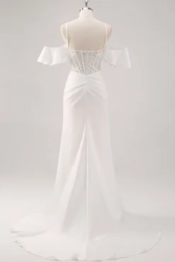 Sereia Branca Cold Shoulder Corset Appliqued Long Prom Dress com Fenda