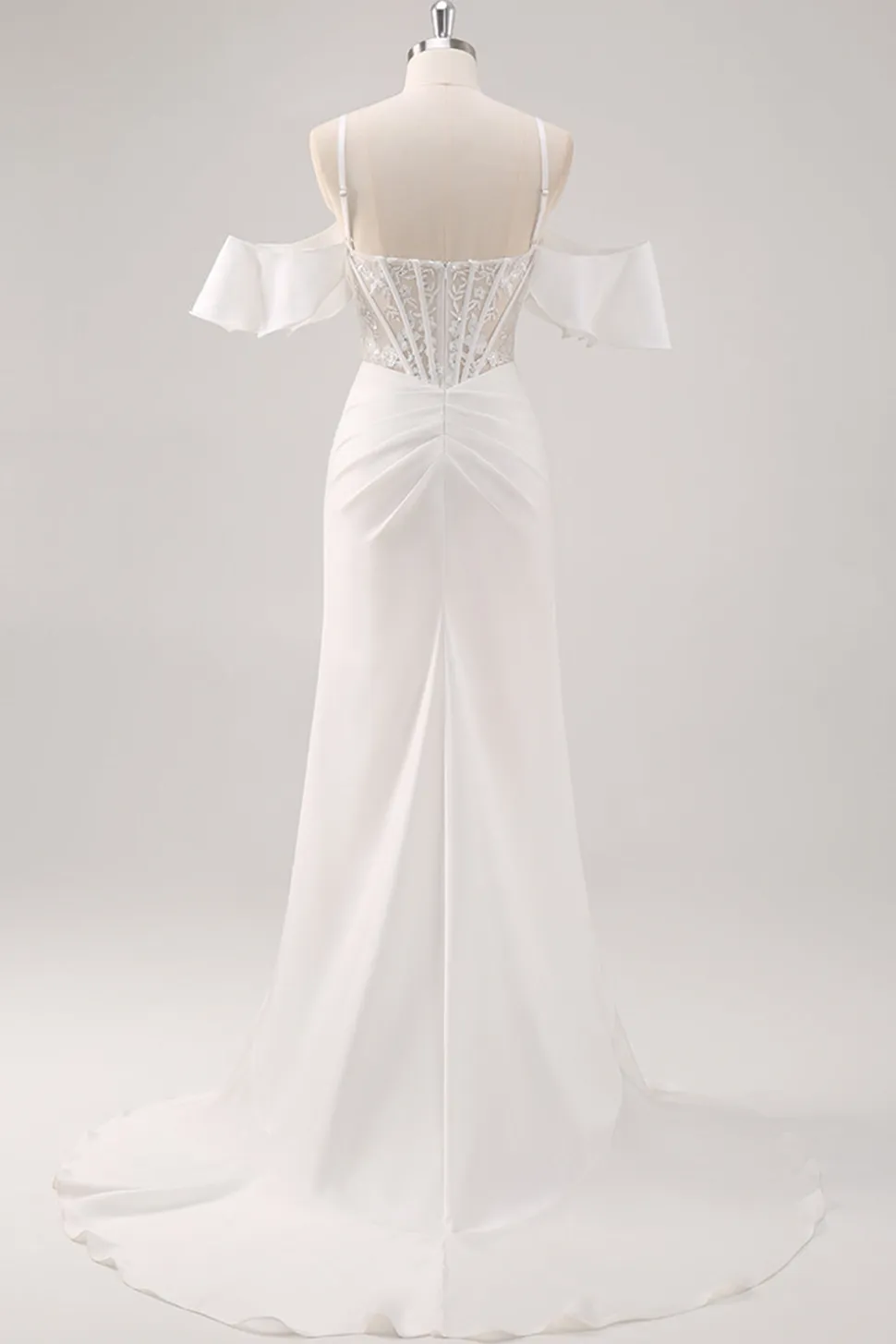 Sereia Branca Cold Shoulder Corset Appliqued Long Prom Dress com Fenda
