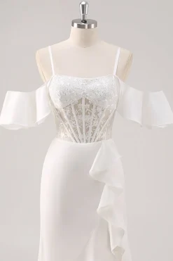 Sereia Branca Cold Shoulder Corset Appliqued Long Prom Dress com Fenda
