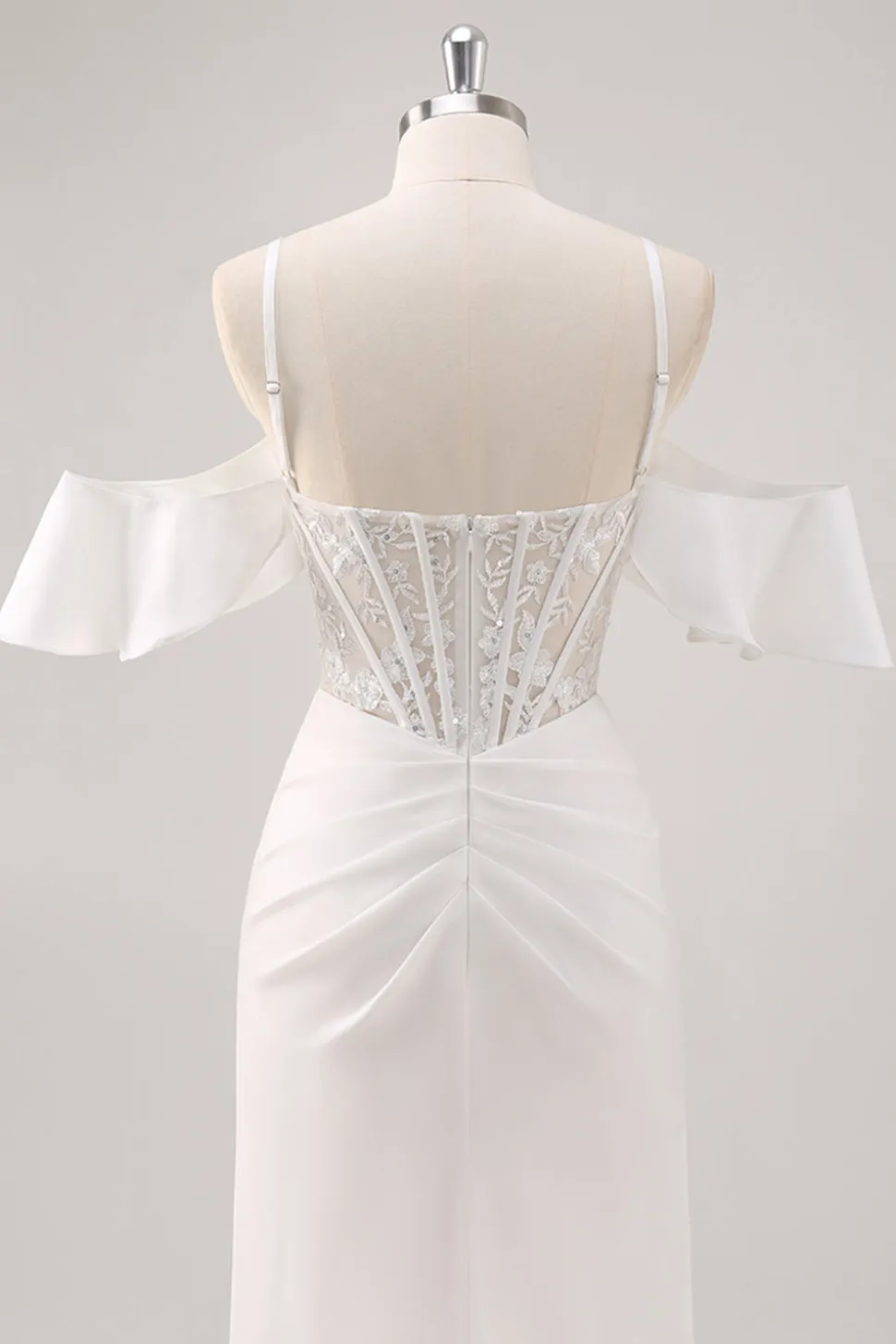Sereia Branca Cold Shoulder Corset Appliqued Long Prom Dress com Fenda