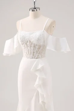 Sereia Branca Cold Shoulder Corset Appliqued Long Prom Dress com Fenda