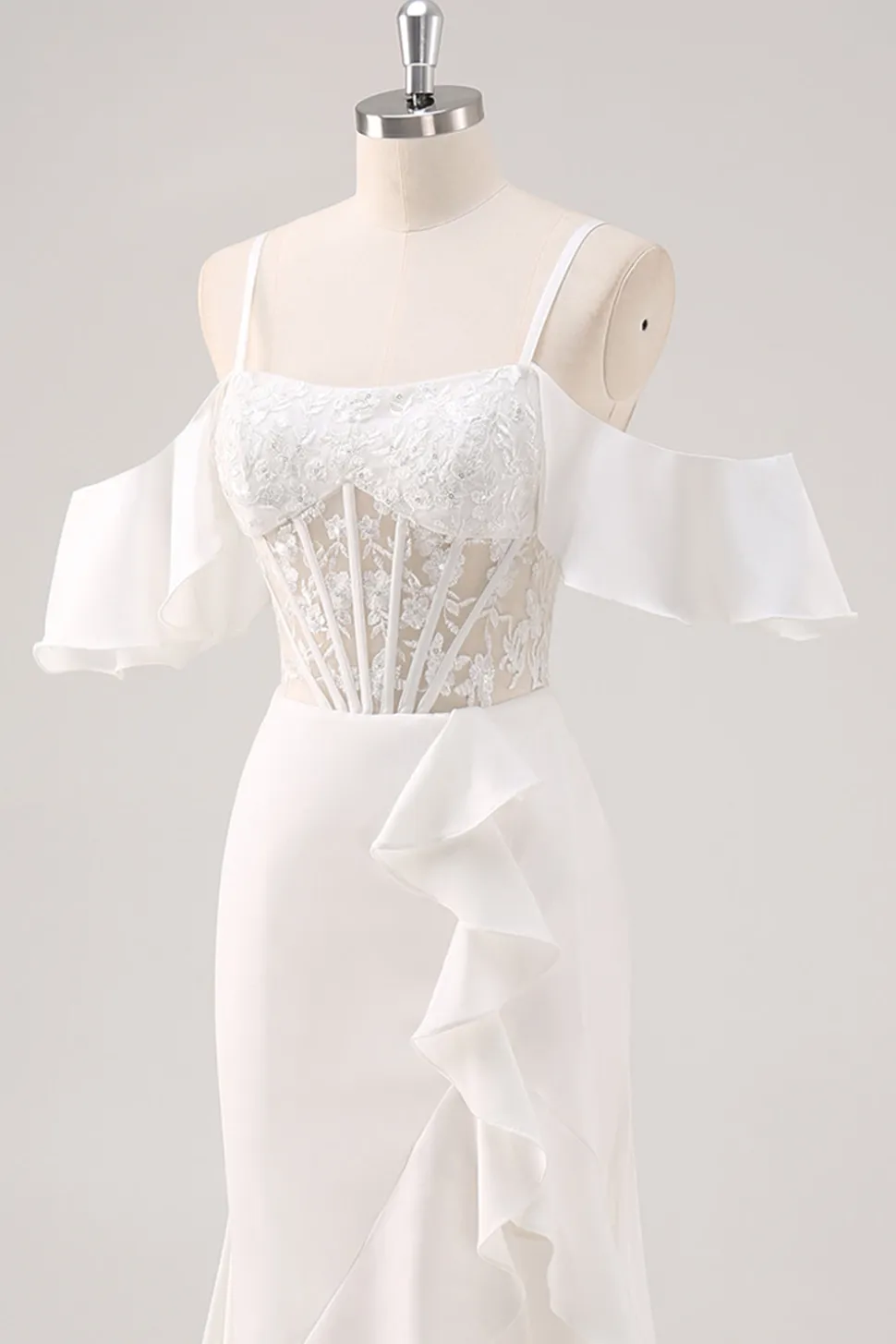 Sereia Branca Cold Shoulder Corset Appliqued Long Prom Dress com Fenda