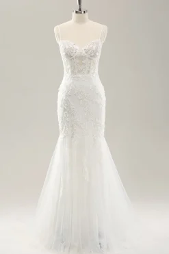 Sereia Branca Corset Tulle Vestido de Noiva com Applique Lace