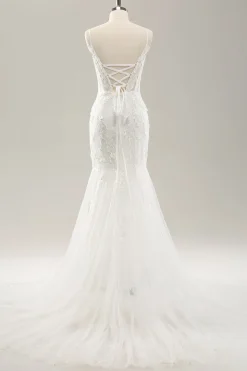 Sereia Branca Corset Tulle Vestido de Noiva com Applique Lace