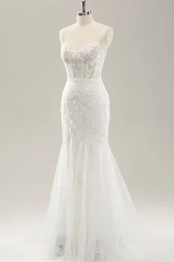 Sereia Branca Corset Tulle Vestido de Noiva com Applique Lace