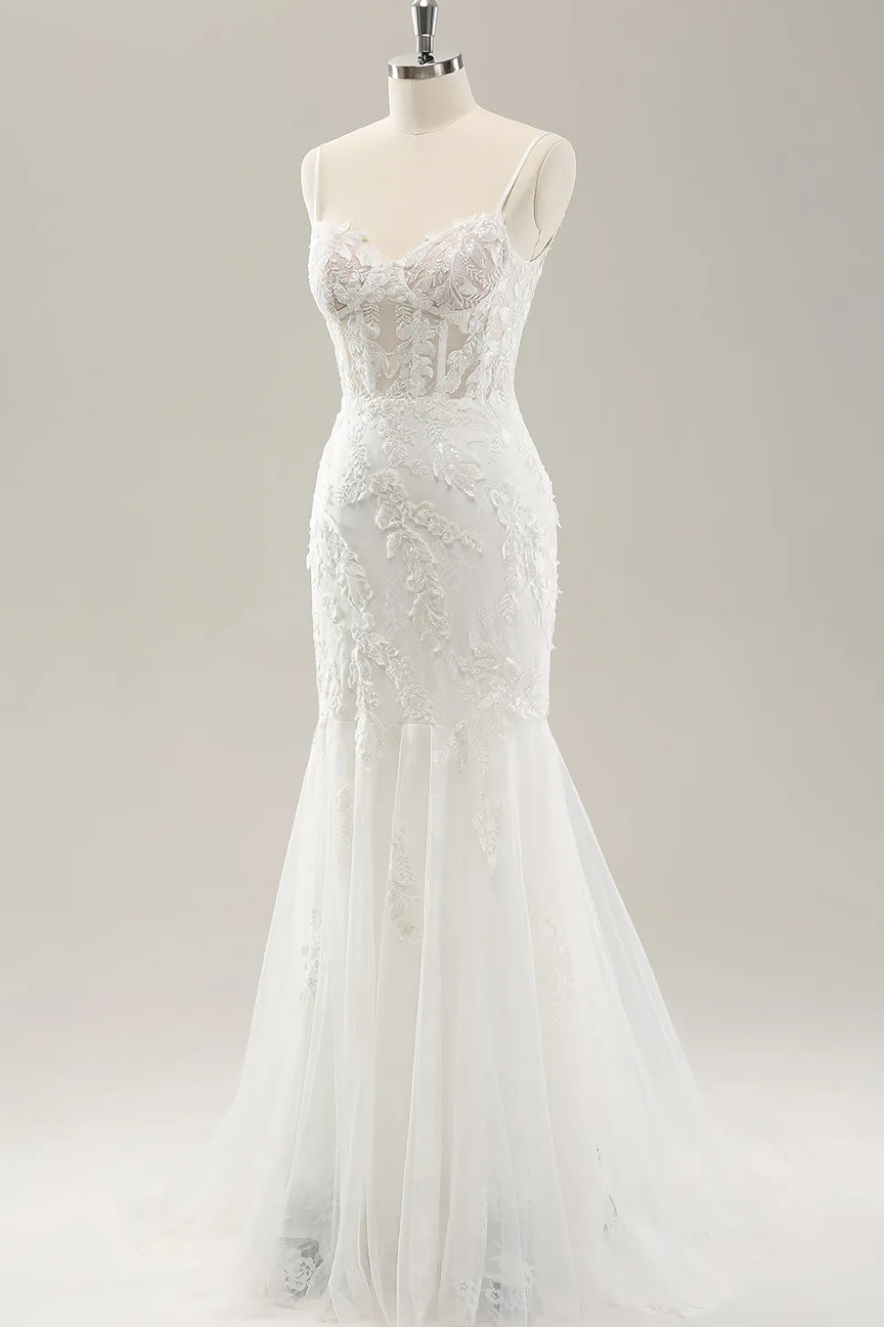 Sereia Branca Corset Tulle Vestido de Noiva com Applique Lace