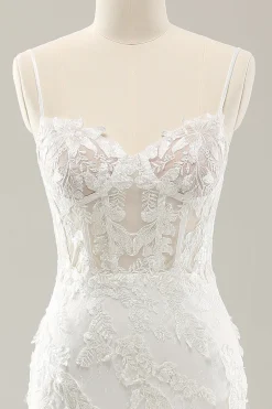 Sereia Branca Corset Tulle Vestido de Noiva com Applique Lace