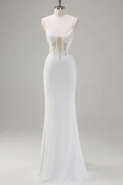 Sereia Branca Esparguete Correias Corset Longo Vestido de Baile com Renda para Trás