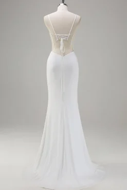 Sereia Branca Esparguete Correias Corset Longo Vestido de Baile com Renda para Trás