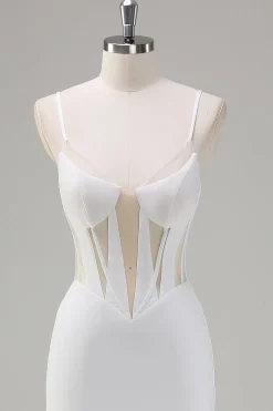 Sereia Branca Esparguete Correias Corset Longo Vestido de Baile com Renda para Trás