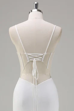Sereia Branca Esparguete Correias Corset Longo Vestido de Baile com Renda para Trás