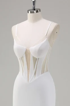 Sereia Branca Esparguete Correias Corset Longo Vestido de Baile com Renda para Trás
