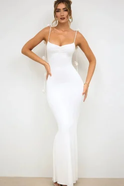 Sereia Branca Esparguete Correias Backless Vestido Formal