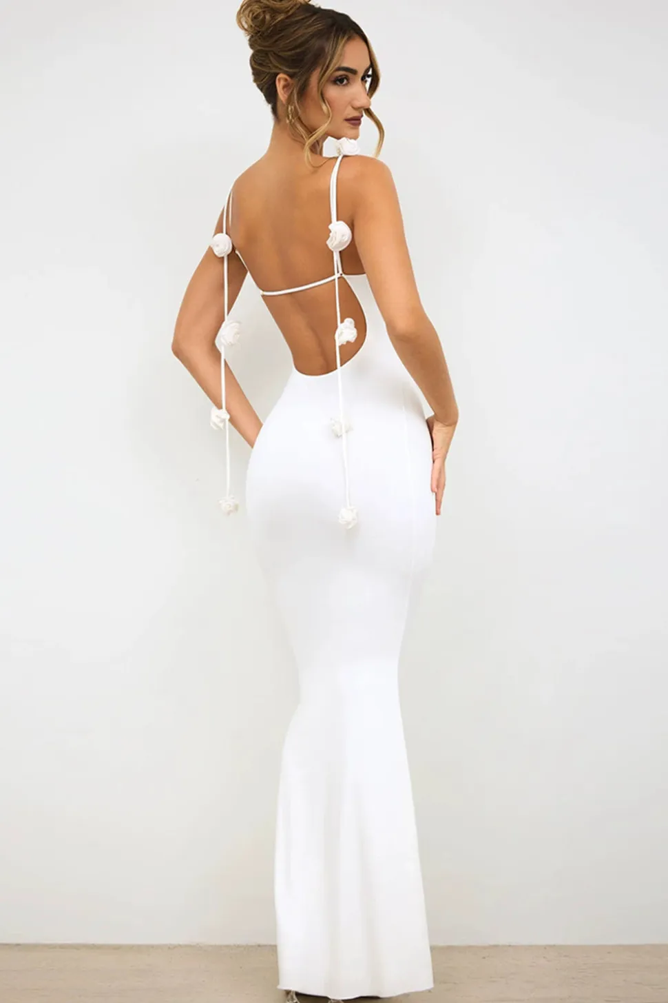 Sereia Branca Esparguete Correias Backless Vestido Formal