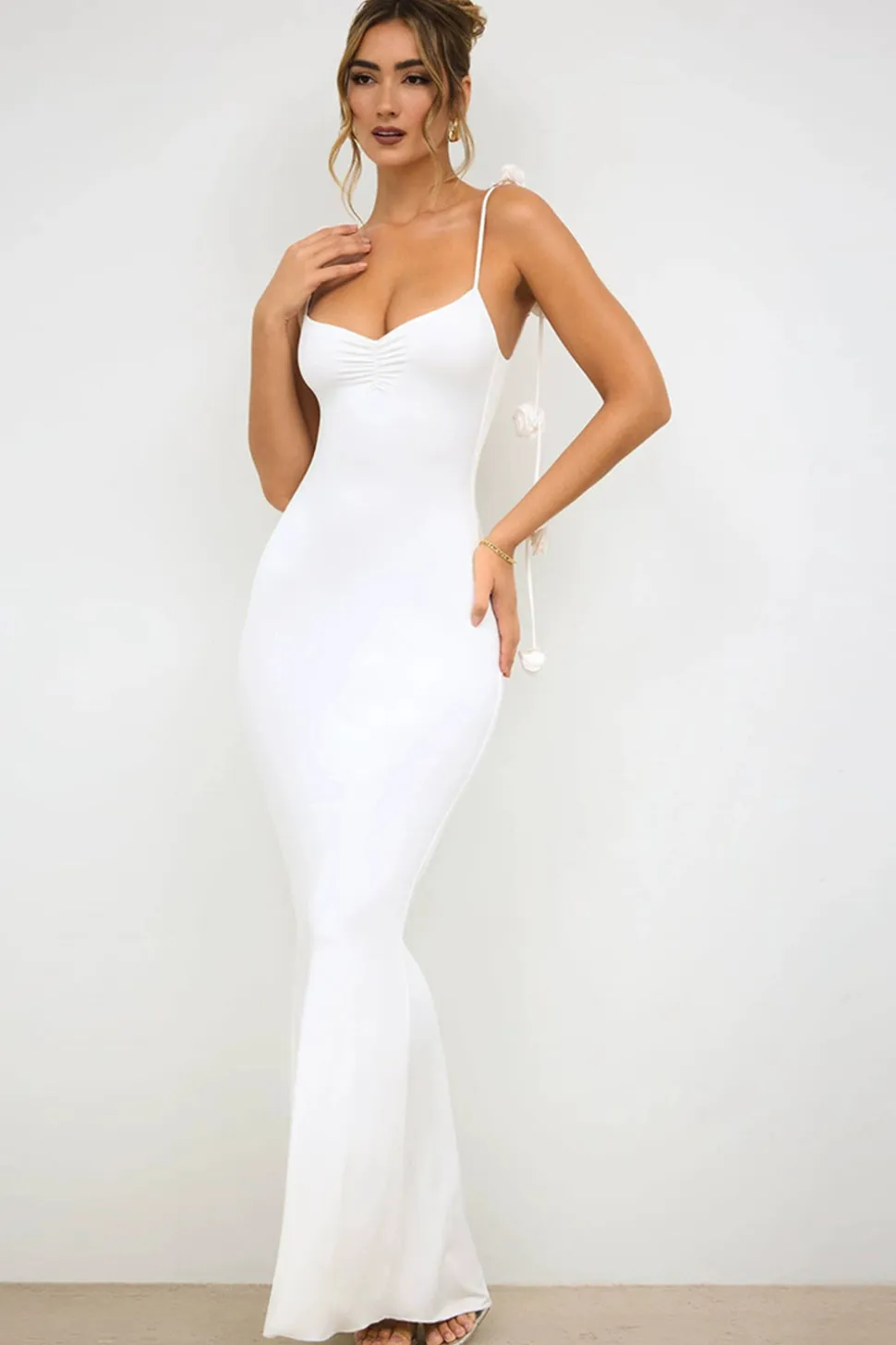 Sereia Branca Esparguete Correias Backless Vestido Formal
