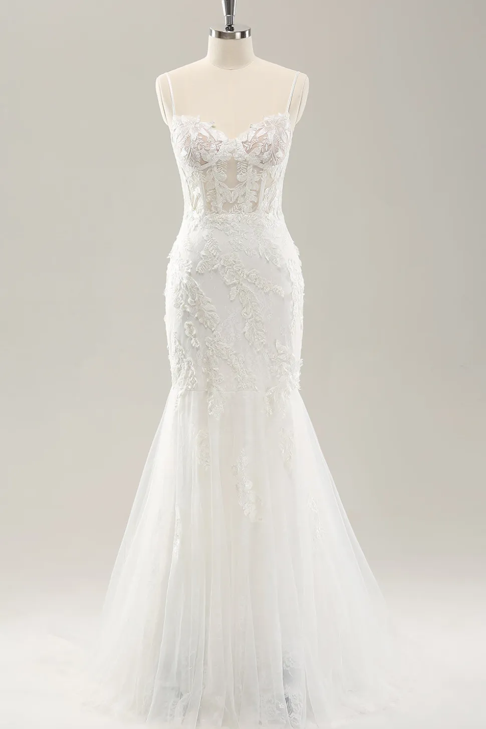 Sereia Branca Esparguete Correias Applique Lace Corset Vestido de Noiva com Renda-up Costas