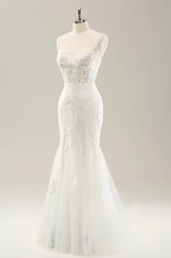 Sereia Branca Esparguete Correias Applique Lace Corset Vestido de Noiva com Renda-up Costas