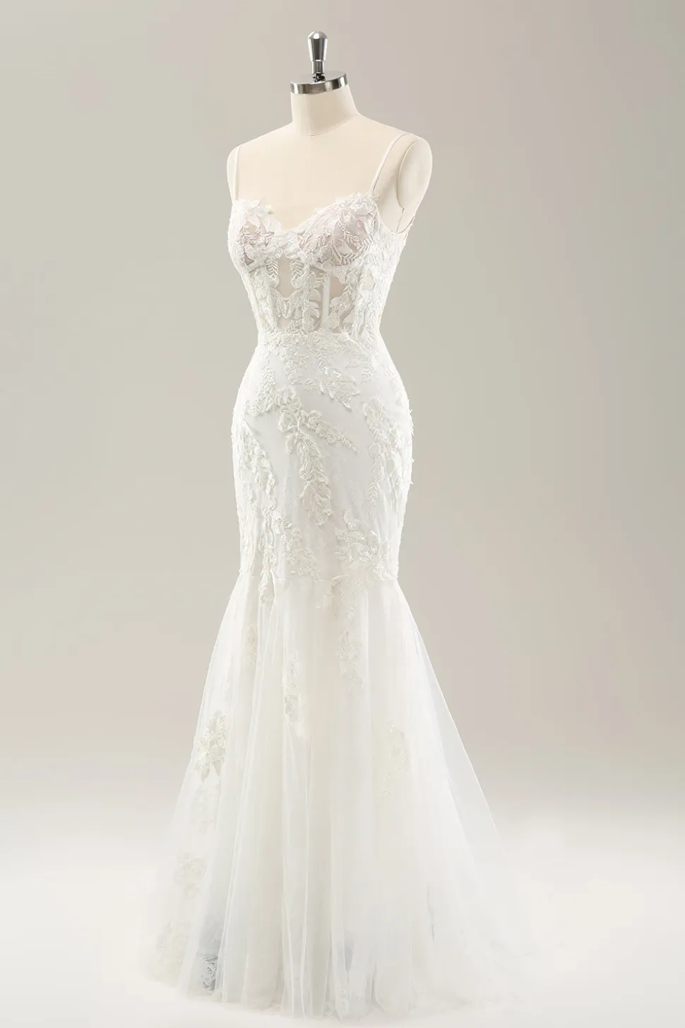 Sereia Branca Esparguete Correias Applique Lace Corset Vestido de Noiva com Renda-up Costas