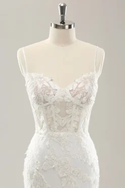 Sereia Branca Esparguete Correias Applique Lace Corset Vestido de Noiva com Renda-up Costas