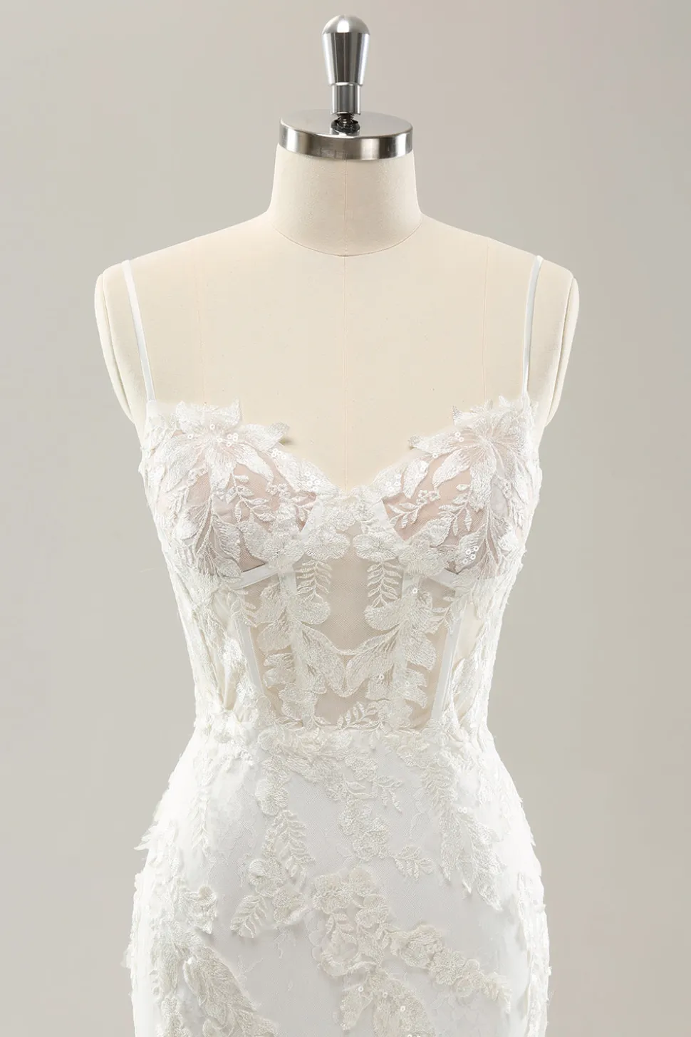 Sereia Branca Esparguete Correias Applique Lace Corset Vestido de Noiva com Renda-up Costas