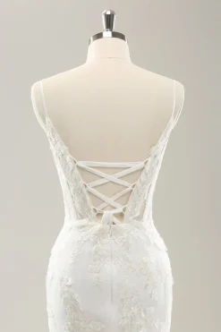 Sereia Branca Esparguete Correias Applique Lace Corset Vestido de Noiva com Renda-up Costas