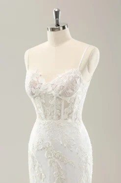 Sereia Branca Esparguete Correias Applique Lace Corset Vestido de Noiva com Renda-up Costas