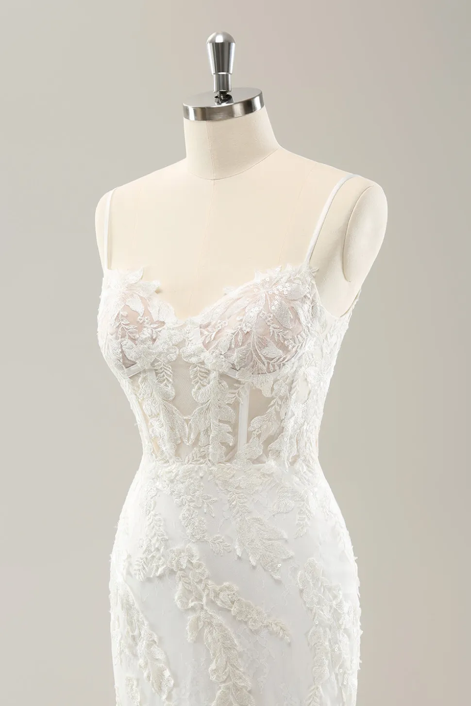 Sereia Branca Esparguete Correias Applique Lace Corset Vestido de Noiva com Renda-up Costas